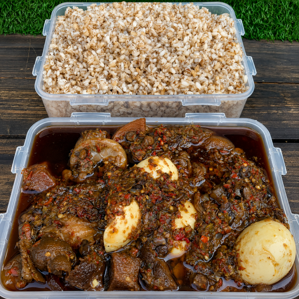 image of ofada rice and stew by Detorahfoods